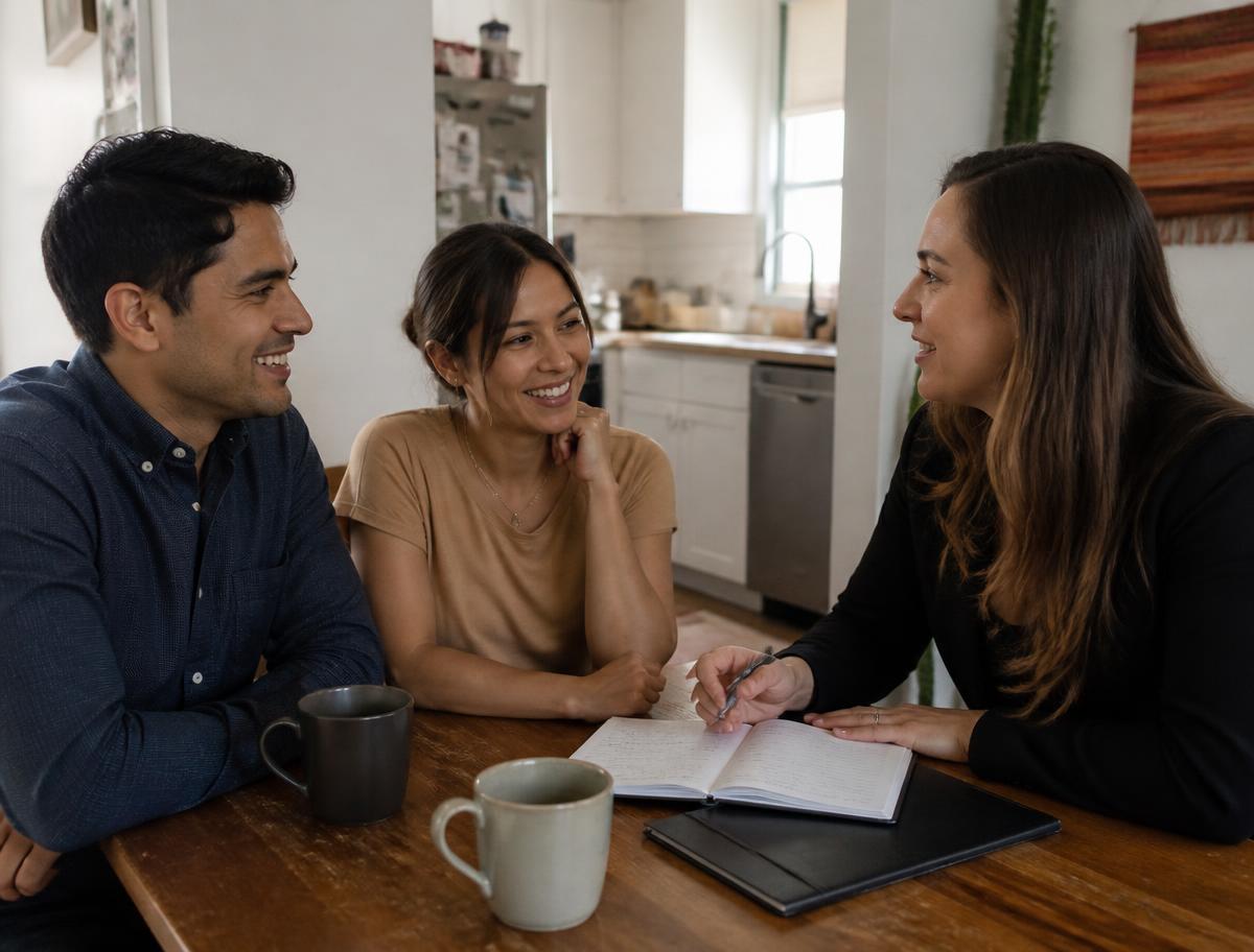 A local real estate agent talking with a young couple at their kitchen table