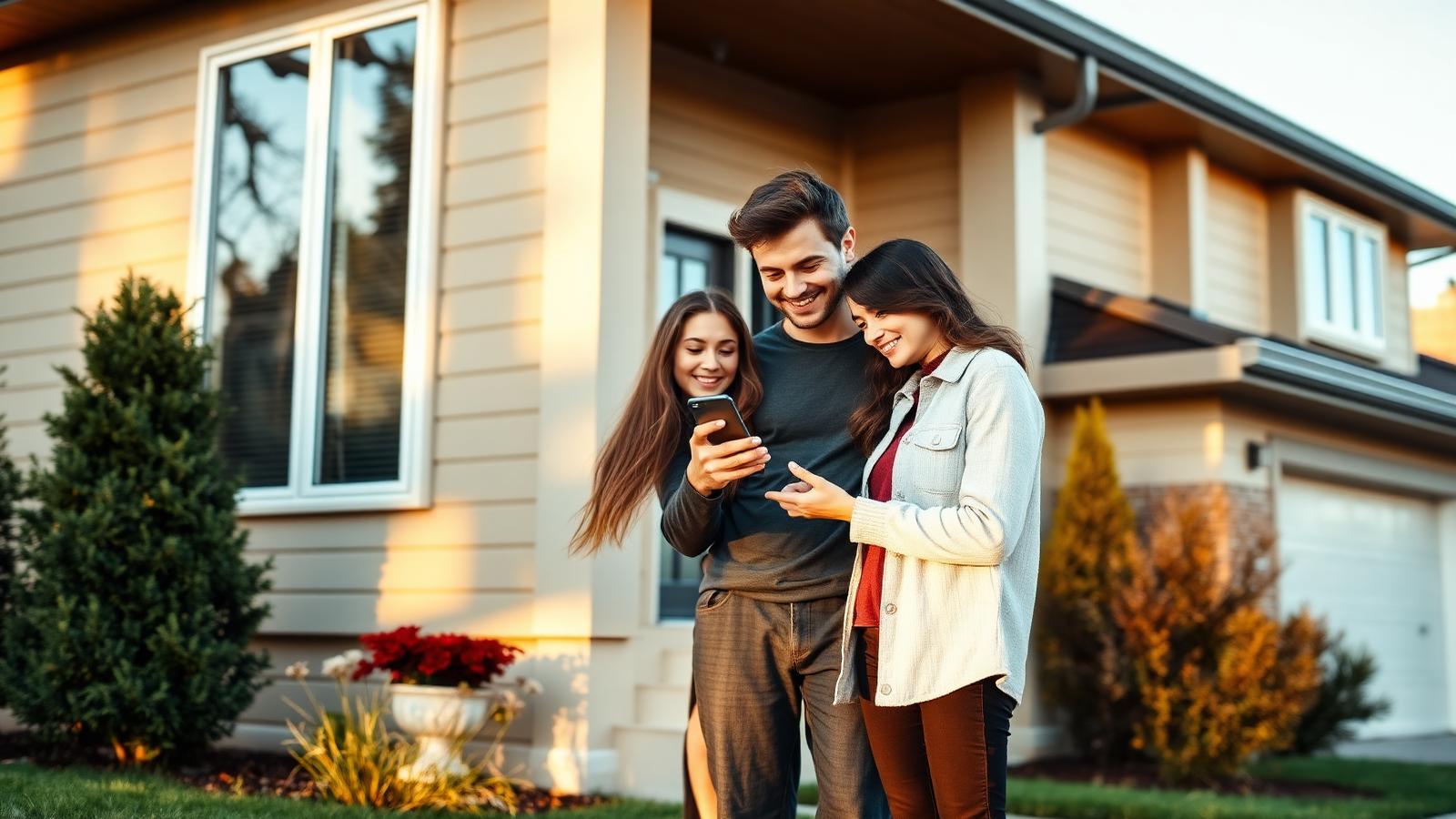 Couple looking at a phone in front of a modern suburban home