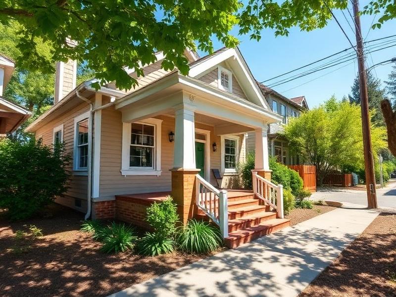 Craftsman bungalow with a covered front porch on a tree-lined street