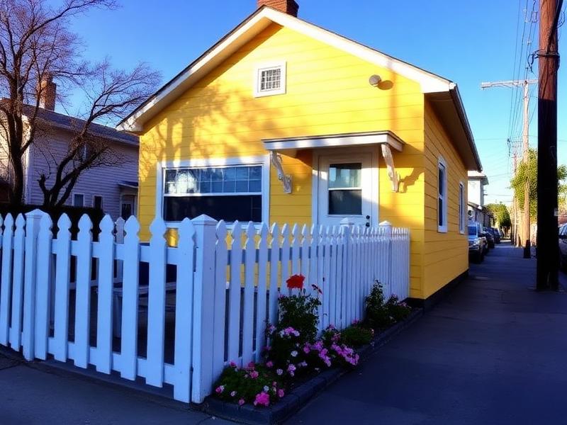 Yellow cottage with a white picket fence and flower beds