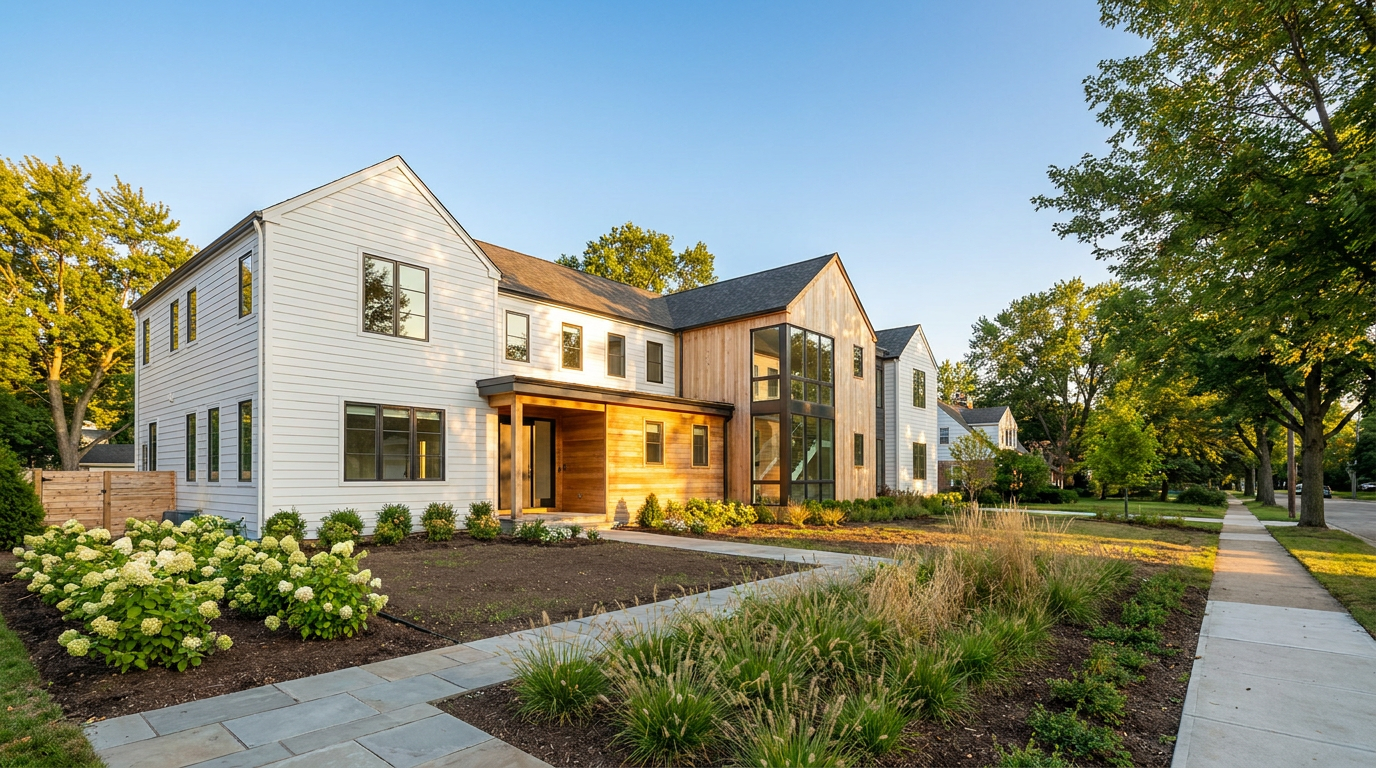 Modern white and wood family home on a tree-lined street